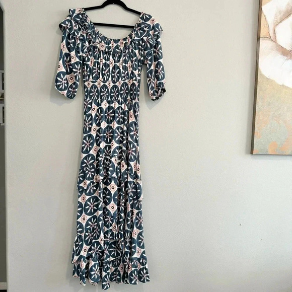 Mister Zimi Dress High Low Off The Shoulder Ruffle Smocked Waist 10 - Picture 2 of 11